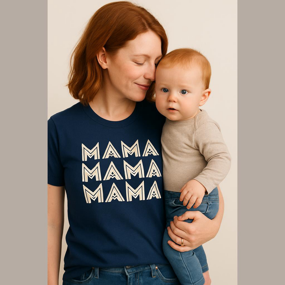 Navy Graphic T-Shirt with Stacked 'MAMA' Print. Size XL